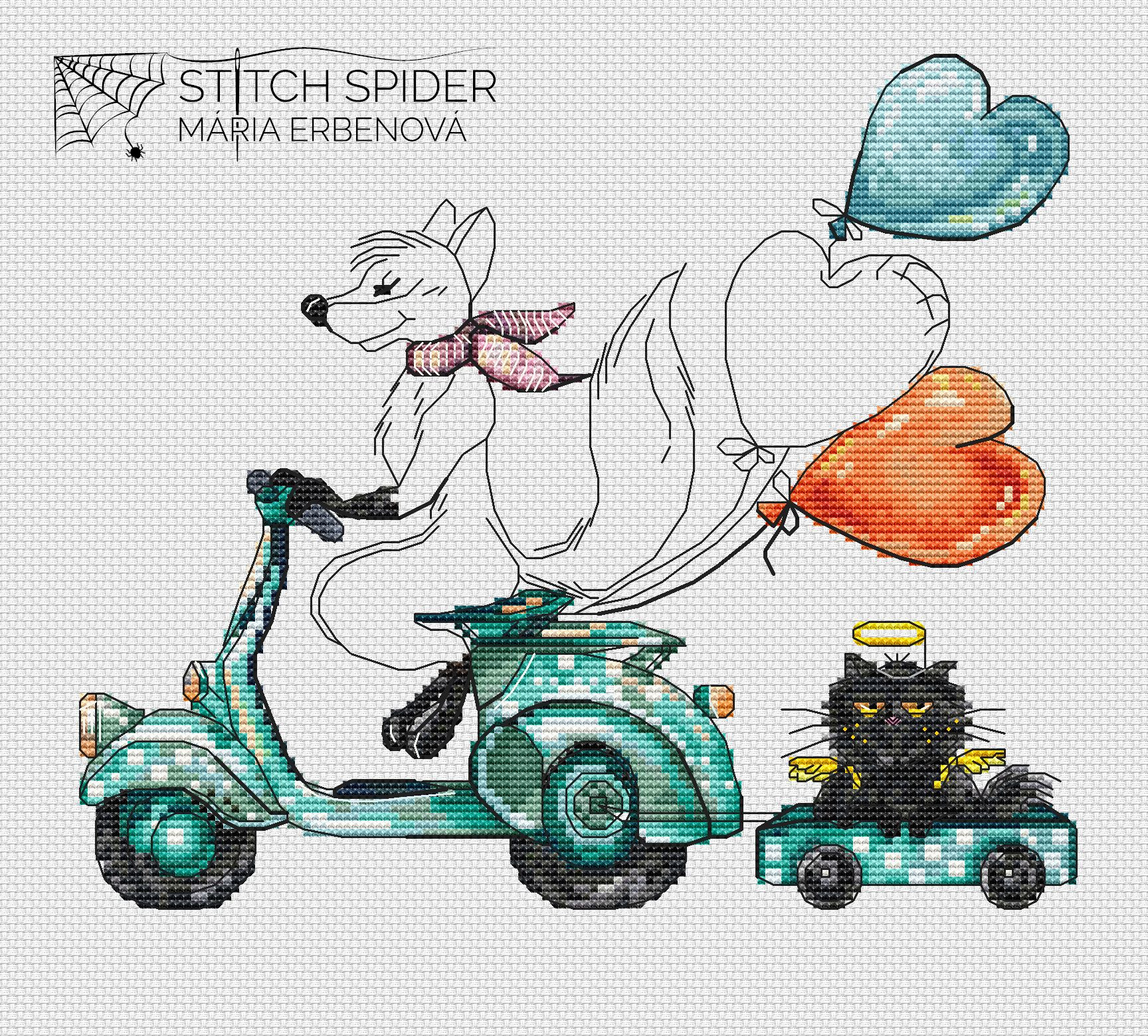 Fox and cat cross stitch pattern in process, balloons in process Fox and cat cross stitch pattern in process, balloons in process