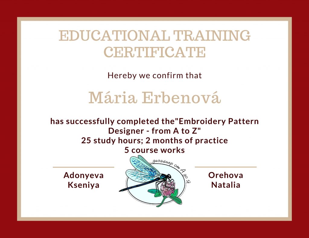 Certifikat about Embroidery Pattern Designer from A to Z for Mária Erbenová